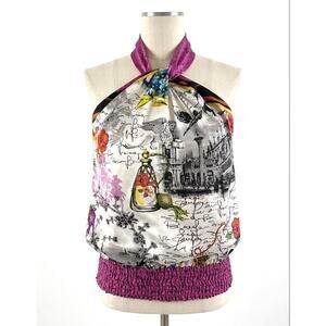 Cache Top Twist Halter Y2K Blouse Paris Print Size S Blouson Elastic Waist